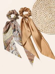 Bộ 2 chiếc dây buộc tóc họa tiết Paisley màu trơn, phụ kiện tóc buộc đuôi ngựa, dây chun buộc tóc, phụ kiện làm đẹp tại nhà, phụ kiện ngày lễ - Lạc đà - Xem 3