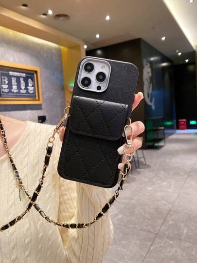 1 Set Black Leather Grain Shoulder Bag With Chain + Black Straight Edge Perforated Anti-Drop Phone Case Compatible With Apple///Redmi//OPPO/VIVO//Transsion Waterproof Shockproof Scratch Resistant