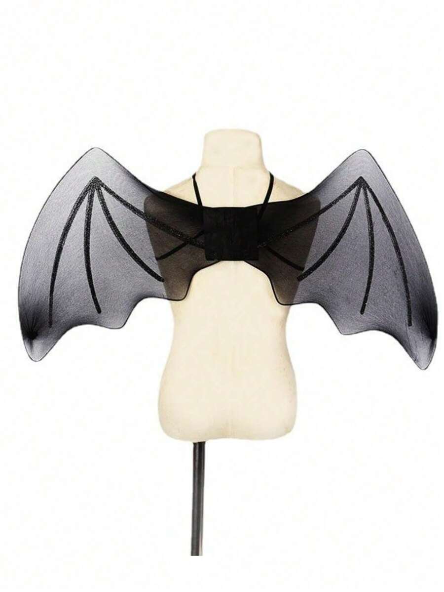 1pc Carnival/Party Performance Prop COS Devil Wings, Black Lace Bat Wings With Backpack Strap, Suitable For Halloween, Festival Costumes - Black - View 1