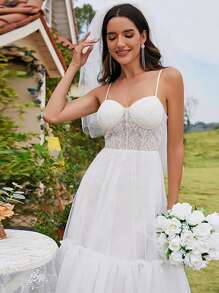 Sexy Lace Contrast Mesh Spaghetti Strap Asymmetrical Hem Prom Dresses For Dinner Cocktail Party Graduation White Dresses - White - View 5