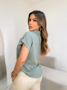 Linen And Cotton Shirt With Two Pocket Detail - Mint Green - View 2