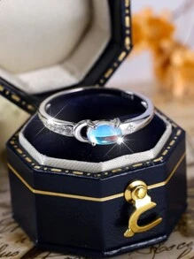 1 pieza Anillo de mujer de plata pura con estrella y piedra lunar ovalada elegante, regalo para fiesta/cumpleaños/aniversario