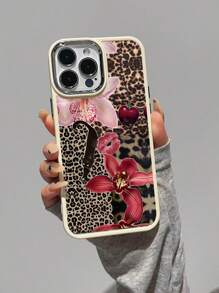 1pc Leopard Print And Floral Lip Imprint Pattern Matte Texture Metallic Electroplated Camera And Electroplated Button Covered Phone Case Compatible With Iphone 16/16Plus/16Pro/16ProMax - Multicolor - View 3