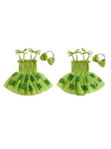 Baby Girls Sleeveless Romper Dress Casual Irish Day Sequin Clover Print Jumpsuit And Headband Set Fashion Clothes