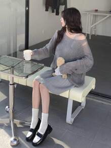 Suéter de manga larga con abertura y hombros caídos, adecuado para volver a la escuela, primavera/verano - Gris - Ver 2