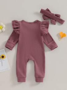 Infant Girl Autumn Jumpsuit Solid Color Round Neck Flying Sleeve Ruffled Zipper Romper With Bow Headband - Red - View 2