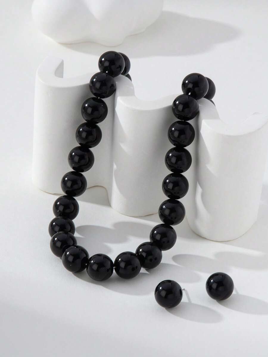 1 Set Luxury Retro Faux Pearl Beaded Earrings And Necklace Jewelry Set For Women, Suitable For Balls And Parties - Black - View 1