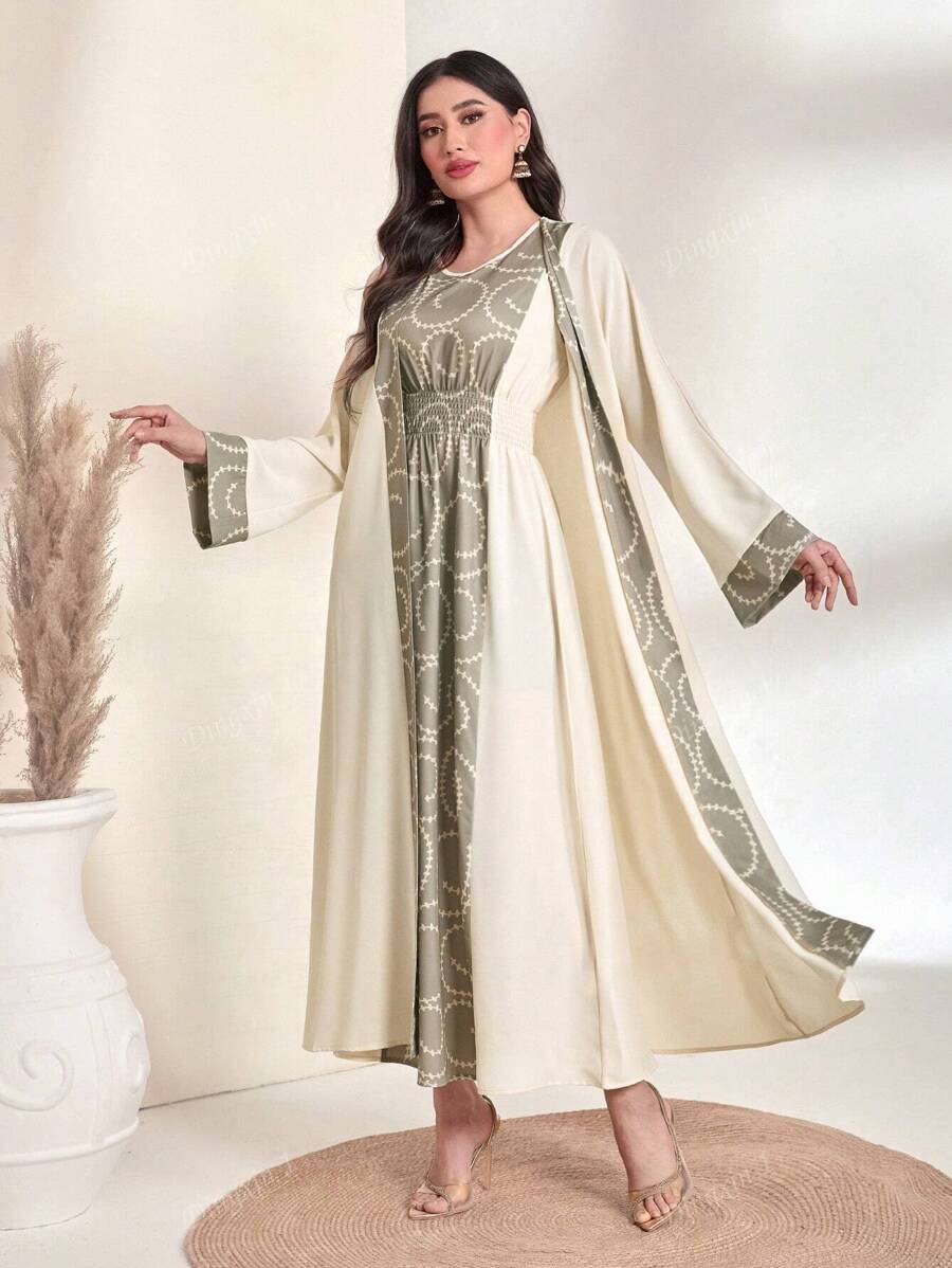 Een elegante damesvestjasjurkset, geschikt voor lente en zomer, bloemenprint, lange vest met lange mouwen, twee delen, Ramadan-vakantie, dating, vakantiekleding