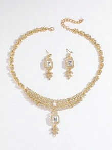 3pcs Luxurious & Elegant Full Rhinestone Leaf Design Jewelry Set, Wedding, Party, Holiday Gift - Multicolor - View 2