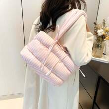 Women Puffer Tote Bag Fashion Striped Print Bow Shoulder Bag Handbag For Travel Daily Shopping - Hồng - Xem 4