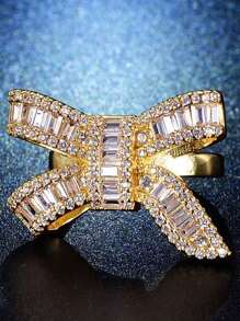 1 件高端奢华不锈钢戒指，开口尺寸和蝴蝶结设计，镶有水钻，适合婚礼、晚会、约会和日常佩戴，优雅皇家情人节