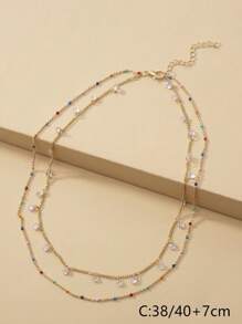 1 件优雅时尚细链项链，带方晶锆石圆形吊坠，多层女士项链，适合日常、派对、约会 - 金黃色 - 查看 6