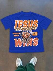 WITH JESUS, WE ALWAYS WIN, PRAISE THE LORD! BASKETBALL, Men's Graphic Tees, Cotton Streetwear T-Shirt, Round Neck, Loose Fit, Fall & Holiday Travel, Unisex, Goth & Y2K Style - 藍色 - 查看 1