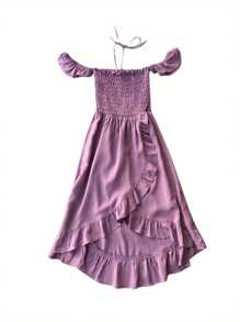 Mommy And Me Matching Dresses Womens Smocked Ruffle Sleeve  Flowy Swing Mini Dress Vacation Beach Family Matching Outfits - Violet Purple - View 5