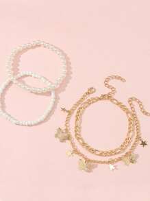 4pcs/Set Beach Style Star & Butterfly Faux Pearl Beaded Anklet Accessories For Girls