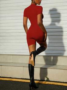 Mystra Damen Täglicher einfarbiger vielseitiger Romper mit Reißverschluss vorne und Kurzarm, Sommer Lässig