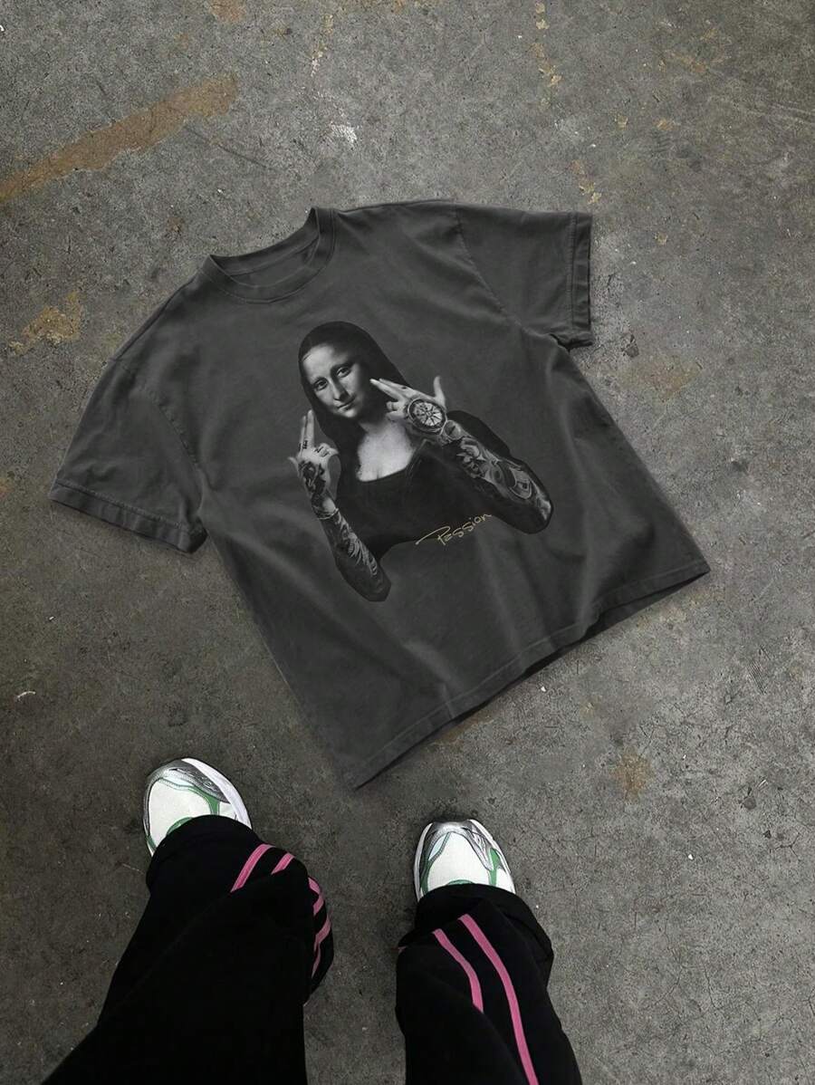 Men's Casual Mona Lisa Graphic Short Sleeve T-Shirt, Emo - Grey - View 1