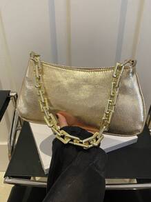 1pc Pu Zipper Closure Fashionable Thick Chain Handbag, Ins Korean Exquisite Large Capacity Chain Shoulder Underarm Bag, Comfortable Shoulder Strap, Smooth And Versatile, Suitable For Daily Outings, Play, Use As A Perfect Gift For Girls