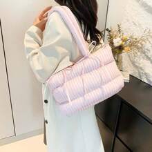 Women Puffer Tote Bag Fashion Striped Print Bow Shoulder Bag Handbag For Travel Daily Shopping - Hồng - Xem 3