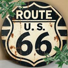 1 pieza Señal de carretera de madera vintage de la Ruta 66, arte de pared estadounidense retro de carretera, placa redonda decorativa para el hogar, bar, cafetería, garaje, casa de campo, estilo de agujero aleatorio