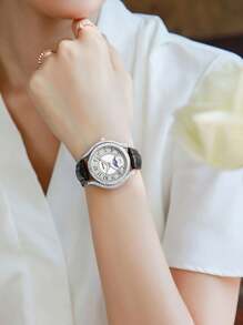 DOM 1 件时尚女士水钻镶嵌昼夜发光珍珠贝母表盘皮革表带防水腕表 - 銀色 - 查看 7