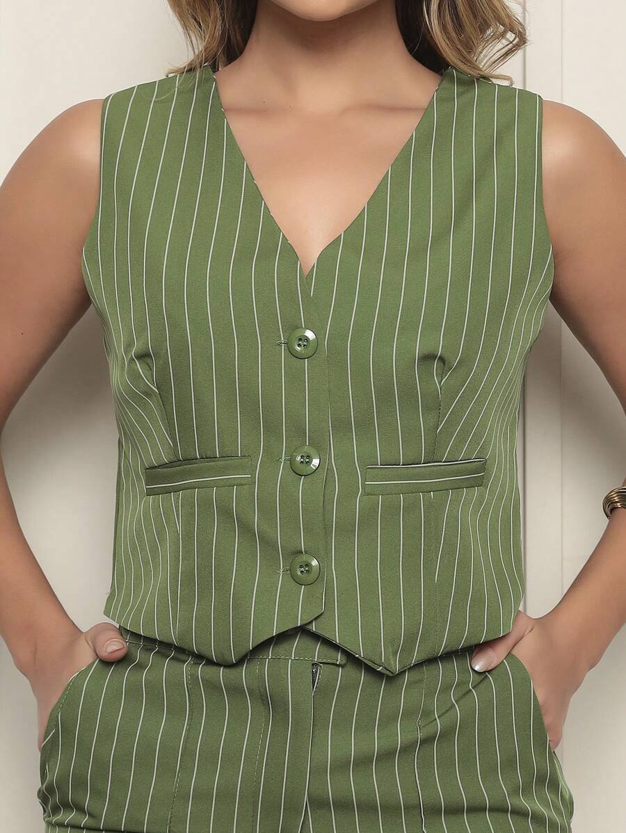 Women's Tailored Set Vest + Pants Casual/Social Fashion - Green/White - View 1
