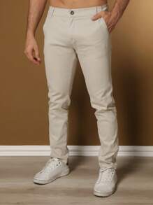 Men's Tailored Twill Trousers With Knife Pocket And Built-In Pocket - Beige - View 1