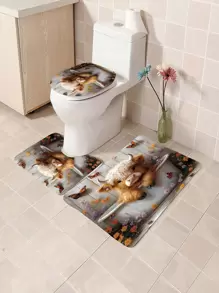 1 pieza/4 piezas Conjunto de cortina de baño con patrón de vaca de las Tierras Altas, cortina de ducha impermeable con alfombra antideslizante, tapa de inodoro y alfombra de baño, instalación fácil con ganchos en C, decoración de otoño para el baño, accesorios de baño de vuelta al colegio