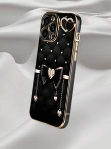 1pc Black TPU Electroplated Heart Shaped Anti-Drop Phone Case, And 1pc Black Electroplated Rhinestone Heart Suitable For Smartphone, Android Phones, OPPO
