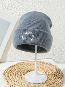 1 pieza Gorro de punto con bordado acrílico de estilo casual de calle, estampado de espina de pescado, para hombre, para pesca, senderismo, esquí y deportes al aire libre, para otoño/invierno, cortaviento y cálido