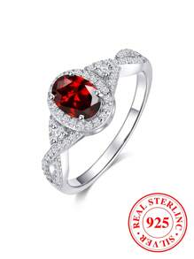 1 件奢华迷人红色圆形合成锆石女士 925 纯银订婚/结婚戒指，周年纪念礼物