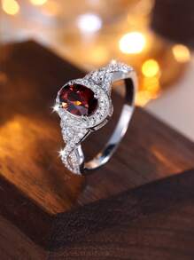 1 件奢华迷人红色圆形合成锆石女士 925 纯银订婚/结婚戒指，周年纪念礼物