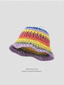 1pc Women's Striped Colorblock Hollow Out Windproof Knit Cap, Suitable For All Seasons - Fisherman's Hat - View 9