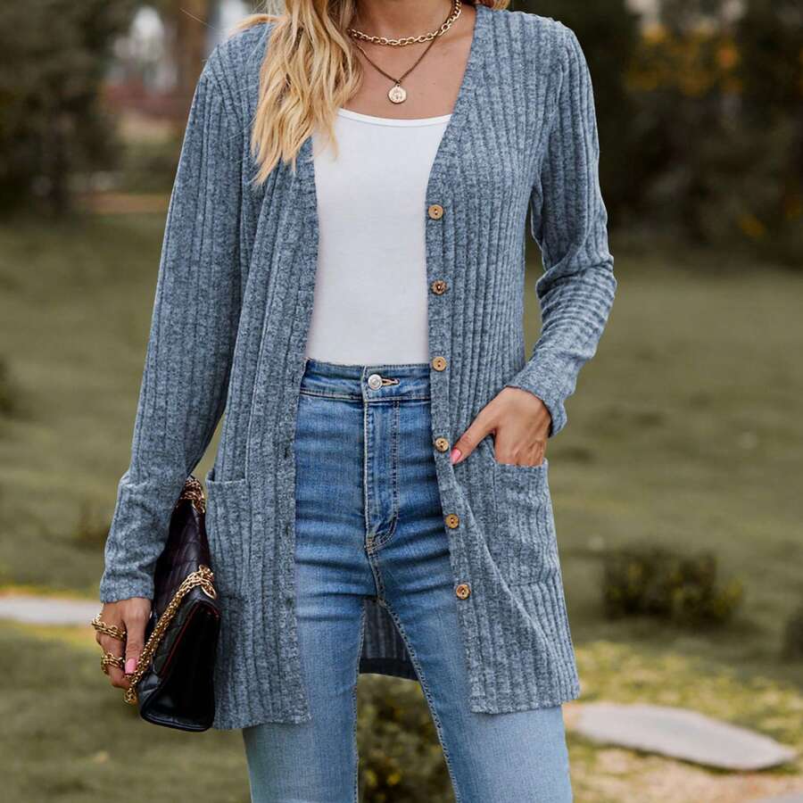 Womens Open Front Cardigans Button Down Casual Ribbed Lightweight Knit Outerwear - Màu xanh nhạt - Xem 1