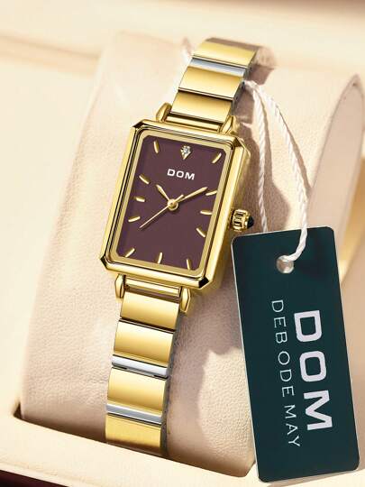 DOM 1pc Women's Fashion Square Green Dial Stainless Steel Watch, Quartz Movement, Waterproof, Chic & Elegant Style, Great Gift For Holidays