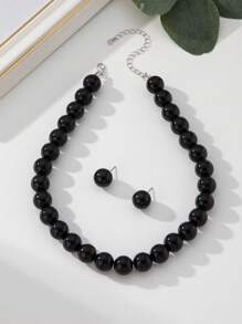 1 Set Luxury Retro Faux Pearl Beaded Earrings And Necklace Jewelry Set For Women, Suitable For Balls And Parties - Black - View 4