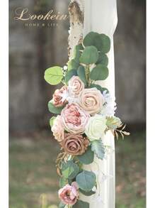 Artificial Flowers Wedding Arch Decoration Kit (Pack Of 3) - 2pcs Aobor Flower Arrangement & 1pc Chiffon Drape For Wedding Ceremony Backdrop Decoration, Elegant Dusty Rose