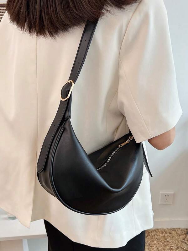 Large Capacity Fashion Casual Niche Design Minimalist Solid Color Zipper Shoulder Crossbody Saddle Bag For Commuting