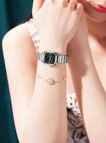 1 件女士方形简约钢带时尚休闲石英表适合日常佩戴