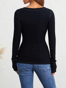 Women Y2k Long Sleeve Tops Slim Fit T-Shirt Contrast Color Scoop Neck Button Shirts Fairy Grunge Vintage Cotton Going Out Tops Aesthetic Clothes Streetwear Fall Spring Outfit - màu đen - Xem 7