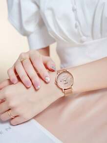 DOM 1件女士时尚米兰尼斯网状表带石英表，金色，商务休闲风，防水，心形日历显示，适合日常佩戴，可作为礼物送给朋友或母亲 - 金色 - 查看 8