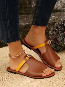 Women's Fashion Casual Color-Block Rhinestone Decorated Open Toe Flat Sandals, Beach Slippers
