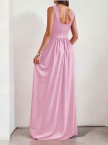 Sofisticado Vestido Largo con Hombros Descubiertos y Abertura en Pierna - Rosa Fucsia - Ver 2