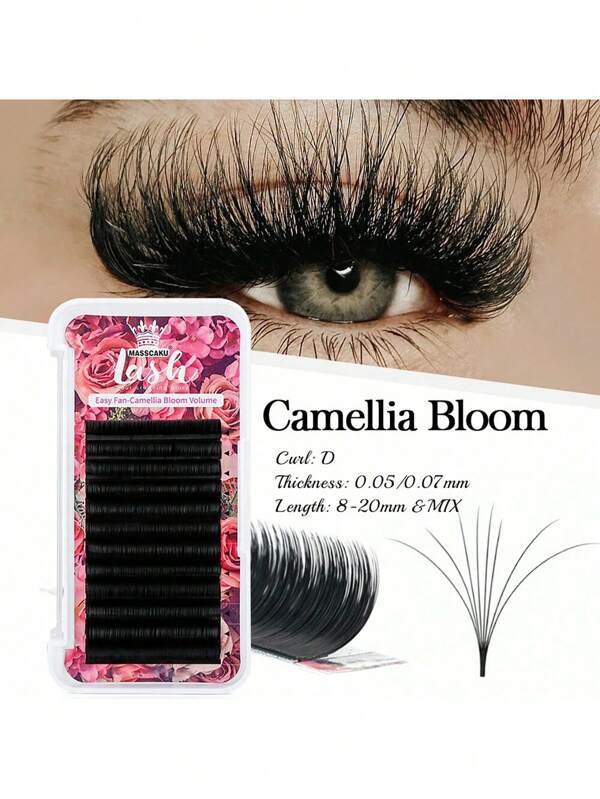 12 صف من MASSCAKU 3D فاخر ذو حجم كبير لتمديد الرموش بلمسة واحدة من الكشمير، بطول 8-20 مم ومزيج من الطول في صينية، رموش صناعية من الفرو الأسود المطفي، عناقيد رموش، رموش فردية، رموش صناعية