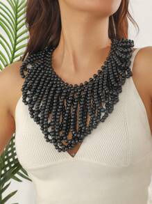 Handwoven Wood Bead V-Shaped Necklace, Exaggerated African Bridal Accessory, Party Decoration, Factory Outlet, Natural Wood Beads, Slight Defects, Occasional Color Difference, Not Seconds, Caution For Those Seeking Perfection