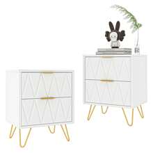 Nightstand Set Of 2, Modern End Side Table With 2 Drawers, Bedside Table With Golden Metal Legs For Living Room, Bedroom Furniture