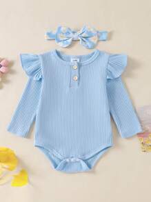 Baby Girls 3 Piece Outfits Set Ribbed Long Sleeves Romper And Daisy Print Elastic Flared Pants Headband Set Spring Fall Clothes - Blue - View 5
