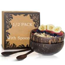 1/2 Pack Polished Coconut Bowl ,Bowl And Wooden Spoons Set ,Natural Coconut Smoothie Bowls • Healthy Choice Coco Shell Acai & Buddha Bowls •  Vegan Gifts - 自然色 - 查看 1