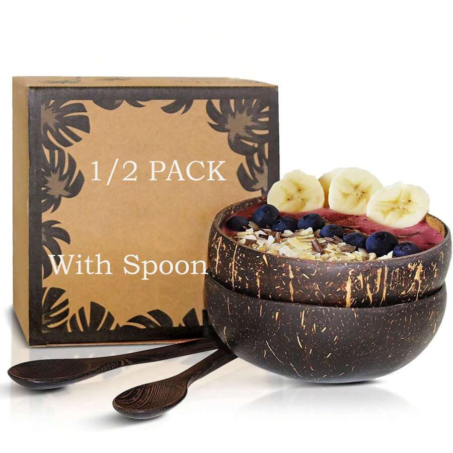 1/2 Pack Polished Coconut Bowl ,Bowl And Wooden Spoons Set ,Natural Coconut Smoothie Bowls • Healthy Choice Coco Shell Acai & Buddha Bowls •  Vegan Gifts - 自然色 - 查看 1
