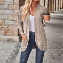 Cardigan Sweaters For Women Fall Open Front Long Sleeve Loose Lightweight Knit Sweater Coat With Pockets - Màu Khaki - Xem 3
